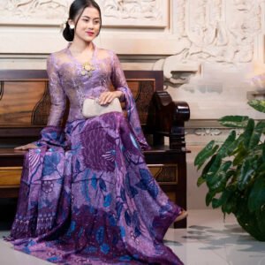 Set KamenBali & Selendang Sutra Viscose Premium ATBM Shafana motif LAVENDER