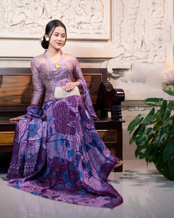 Set KamenBali & Selendang Sutra Viscose Premium ATBM Shafana motif LAVENDER