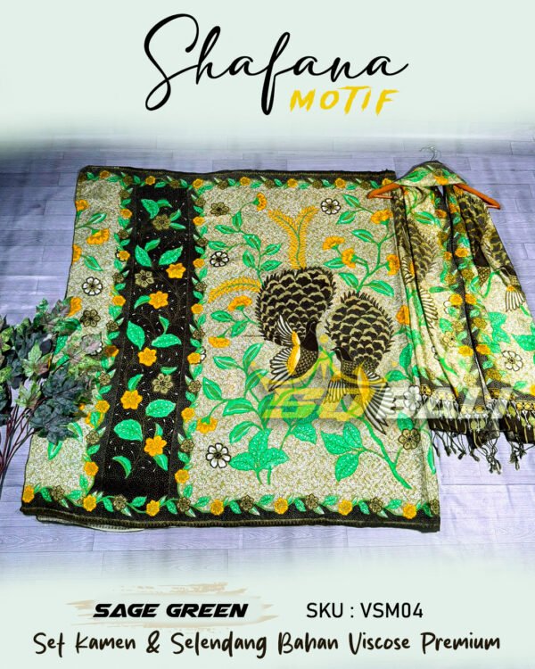 Set Kamen Bali & Selendang Sutra Viscose Premium ATBM motif Shafana Sage Green