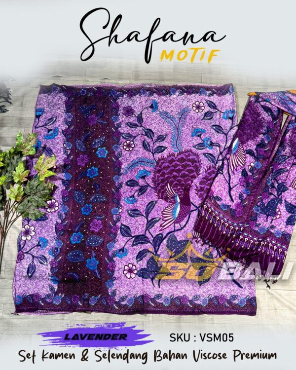 Set KamenBali & Selendang Sutra Viscose Premium ATBM Shafana motif LAVENDER