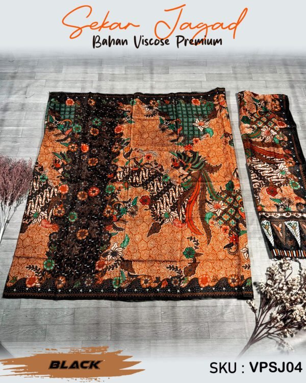Set Kamen Selendang Sutra Viscose Premium ATBM motif SEKAR JAGAD BALI Black