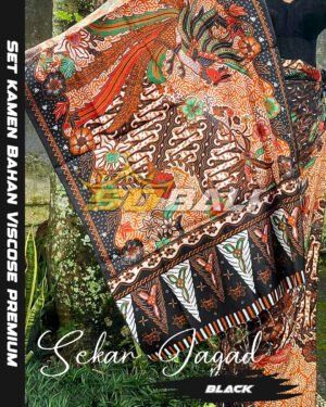 Set Kamen Selendang Sutra Viscose Premium ATBM motif SEKAR JAGAD BALI Black