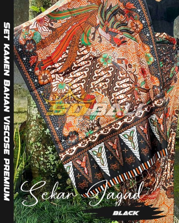Set Kamen Selendang Sutra Viscose Premium ATBM motif SEKAR JAGAD BALI Black